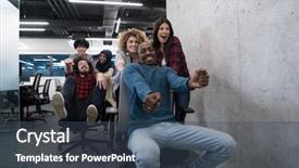  Presentation with fun work - Presentation theme featuring active breaks - multiethnics startup business team background and a  colored foreground