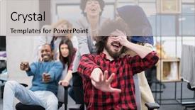  Presentation with fun work - Theme consisting of active breaks - multiethnics startup business team background and a light gray colored foreground