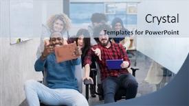  Presentation with fun work - Presentation enhanced with active breaks - multiethnics startup business team background and a light blue colored foreground