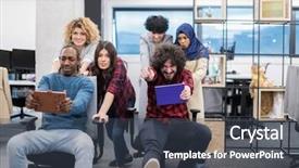  Presentation with fun work - Beautiful presentation featuring active breaks - multiethnics startup business team backdrop and a tawny brown colored foreground