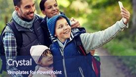  Presentation with tourism selfie - Colorful slide deck enhanced with active cells - travel tourism hike technology backdrop and a navy blue colored foreground