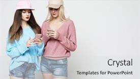  Presentation with hipster girl playing tetris game - Slide deck consisting of active cells - two teenage girls friends background and a light gray colored foreground