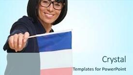  Presentation with flag - PPT theme featuring active citizenship - happy woman holding french flag background and a sky blue colored foreground