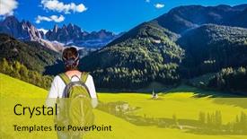  Presentation with green mountains - Cool new slides with active elderly woman-tourist with backpack admire the scenery sunny day in dolomites forested mountains surrounded by green alpine meadows the concept of active and ecological tourism backdrop and a gold colored foreground