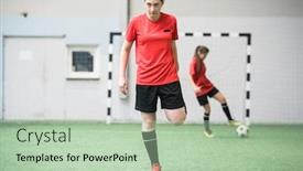  Presentation with sports field - Colorful PPT theme enhanced with active-girl-in-sports-uniform backdrop and a mint green colored foreground