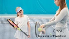  Presentation with trainer - Colorful PPT theme enhanced with active-girl-looking-at-female backdrop and a light gray colored foreground