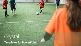  Presentation with going green - Audience pleasing PPT theme consisting of active-girl-running-after-soccer backdrop and a seafoam green colored foreground