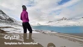  Presentation with hiking mountain - Colorful slides enhanced with active hiking woman looking at the view from the top of the snowy icy mountain fjord enjoying the natural beauty landscape backdrop and a tawny brown colored foreground