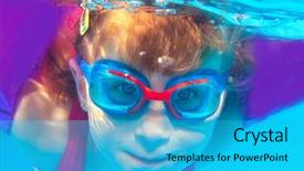 Presentation with blue water - PPT theme with active learning - underwater swimming girl goggles blue background and a cyan colored foreground