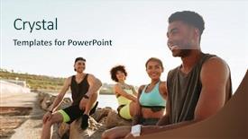  Presentation with group fitness - Cool new PPT theme with active lifestyle - group of happy fitness people backdrop and a sky blue colored foreground