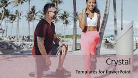  Presentation with african american girl power business - Slide set with active lifestyle - laughing african-american girl in sportswear background and a coral colored foreground