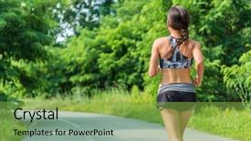  Presentation with active life - Amazing presentation having active lifestyle girl runner running in summer city park living a healthy life jogger athlete woman from behind training cardio for weight loss of back thigh cellulite road to success to a fit body backdrop and a seafoam green colored foreground
