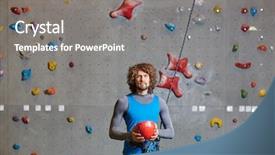  Presentation with sportswear - Cool new PPT theme with active man sportswear holding red protective helmet indoor climbing backdrop and a gray colored foreground