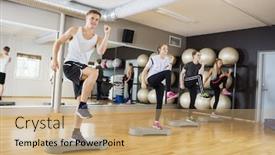  Presentation with step - PPT layouts having active men and women performing step exercise in gym background and a coral colored foreground