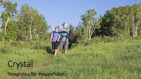  Presentation with hiking mountain - Slide deck consisting of active middle aged couple holding hands hiking together along a mountain trail lots of copy space background and a gold colored foreground