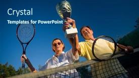 Presentation with court - Cool new presentation design with active senior couple is posing on the tennis court with tennis racket and cup in hand outdoor sunlight backdrop and a ocean colored foreground