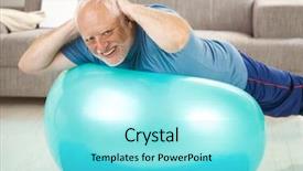  Presentation with gym ball - Amazing theme having active senior doing exercises on gym ball at home hands on nape smiling at camera backdrop and a arctic colored foreground