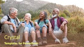  Presentation with hiking - Presentation design featuring active-senior-friends-sitting-taking background and a violet colored foreground