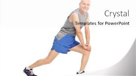  Presentation with stretching - Amazing presentation theme having active senior man doing stretching exercises and looking at the camera isolated on white background backdrop and a white colored foreground