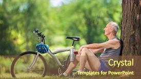  Presentation with old man and his music - Colorful presentation theme enhanced with active senior man listening backdrop and a tawny brown colored foreground