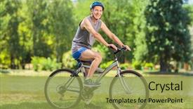  Presentation with lens - Slide deck featuring active senior man riding a bike in park on a beautiful summer day shot with tilt and shift lens background and a yellow colored foreground