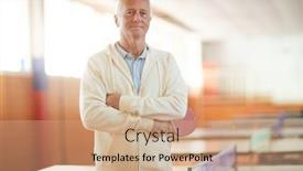  Presentation with sports table tennis - Theme having active senior man with ping pong racket standing by tennis table in modern sports center background and a coral colored foreground