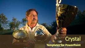  Presentation with 70s - Slide deck featuring active senior man in his 70s is posing on the tennis court with cups in hands outdoor sunlight background and a tawny brown colored foreground