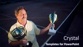 Presentation with 70s - Slide deck with active senior man in his 70s is posing on the tennis court with cups in hands outdoor sunlight background and a wine colored foreground