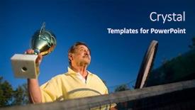  Presentation with 70s - Beautiful PPT theme featuring active senior man in his 70s is posing on the tennis court with cups in hands outdoor sunlight backdrop and a navy blue colored foreground