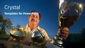  Presentation with 70s - Slides with active senior man in his 70s is posing on the tennis court with cups in hands outdoor sunlight background and a ocean colored foreground