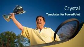  Presentation with 70s - Colorful slide deck enhanced with active senior man in his 70s is posing on the tennis court with cups in hands outdoor sunlight backdrop and a ocean colored foreground