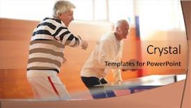  Presentation with sports table tennis two ping - PPT layouts having active senior men with rackets background and a coral colored foreground