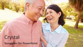  Presentation with senior asian - PPT layouts enhanced with active seniors - senior asian couple walking background and a coral colored foreground