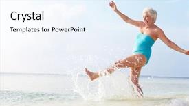  Presentation with woman in sea - Audience pleasing PPT theme consisting of active seniors - senior woman splashing in sea backdrop and a sky blue colored foreground