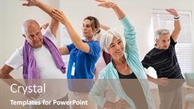  Presentation with helping seniors - Beautiful presentation theme featuring active-seniors-doing-exercise backdrop and a coral colored foreground