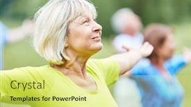  Presentation with exercise class - Beautiful PPT theme featuring active seniors in a yoga class do a breathing exercise for relaxation backdrop and a yellow colored foreground