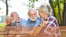  Presentation with seniors - PPT theme consisting of active-seniors-talking-as-friends background and a coral colored foreground
