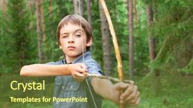  Presentation with bow and arrows for archery - Amazing PPT theme having active shooter - boy aiming home-made wooden bow backdrop and a tawny brown colored foreground
