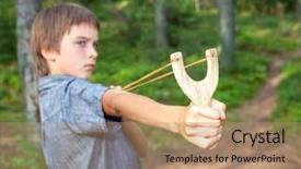  Presentation with gear wheels on wooden - Slides enhanced with active shooter - boy aiming wooden slingshot outdoors background and a coral colored foreground