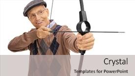  Presentation with bow and arrow - Cool new PPT theme with active shooter - mature man aiming backdrop and a light gray colored foreground