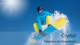  Presentation with multiethnics familly jumping in the air - Amazing theme having active snowboarder in the air hitting a jump backdrop and a light blue colored foreground