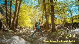  Presentation with hiking - Slide deck featuring active-woman-hiking-jumping-over background and a tawny brown colored foreground