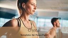  Presentation with running treadmill - Amazing slide deck having active woman listening to music while running on treadmill backdrop and a coral colored foreground