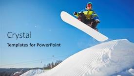  Presentation with snowboard - Audience pleasing slide deck consisting of active young man on snowboard hanging over snowdrift backdrop and a light blue colored foreground