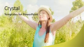  Presentation with relaxing - Slide set enhanced with active young people - outstretched arms relaxing on sunny background and a  colored foreground