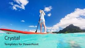  Presentation with active threat - Beautiful presentation design featuring active young woman on stand backdrop and a seafoam green colored foreground