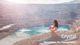  Presentation with blue calming - Presentation theme with activewear stretching outdoors woman training background and a coral colored foreground