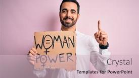  Presentation with women rights - PPT theme featuring activist-man-with-beard-asking background and a lemonade colored foreground