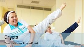  Presentation with exercise sport - Beautiful presentation theme featuring portrait of sporty females doing physical exercise in sport gym backdrop and a light blue colored foreground