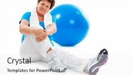  Presentation with exercises - Beautiful presentation theme featuring physical fitness old age - senior woman resting after exercises backdrop and a white colored foreground